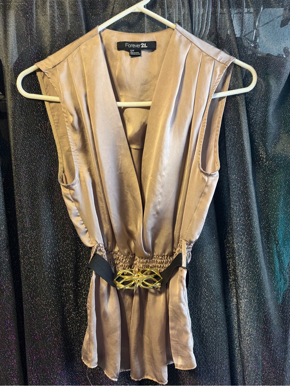 Forever 21 Shimmery Taupe Sleeveless Blouse with Gold Buckle